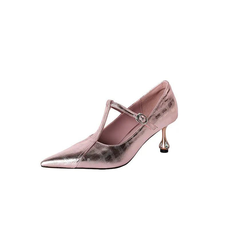 Genuine leather Mary Jane chunky heel pumps in gunmetal colour with pointed toe and 3-5cm mid-height