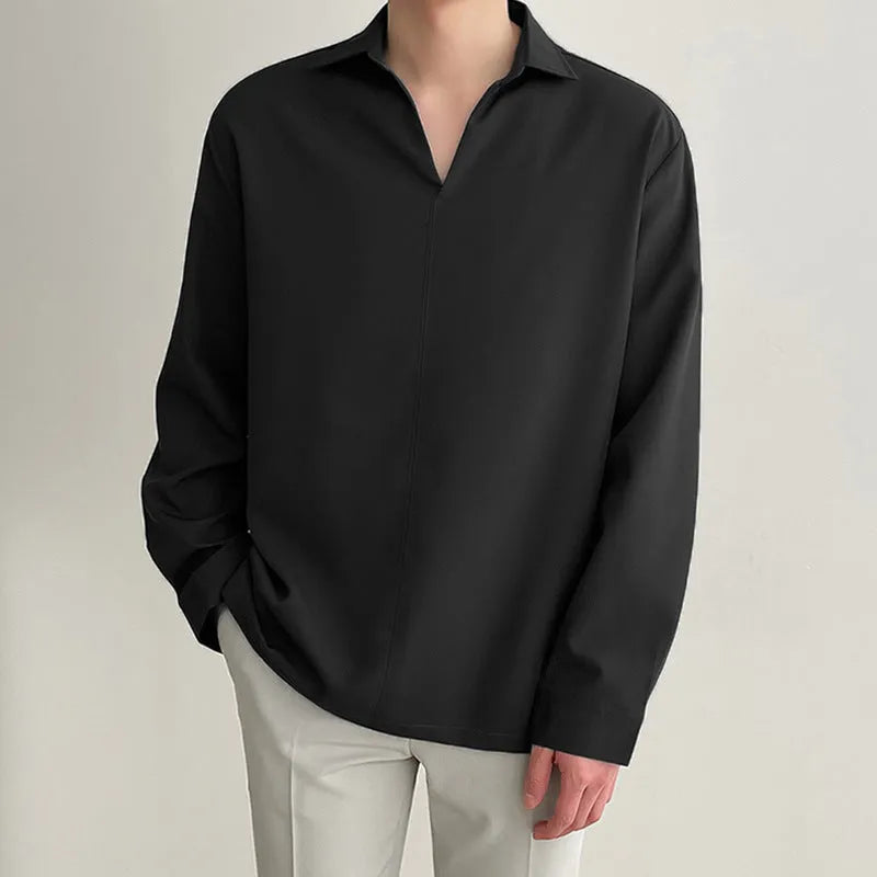Men's loose lapels casual shirt in polyester blend fabric showing non-ironing construction and pullover style