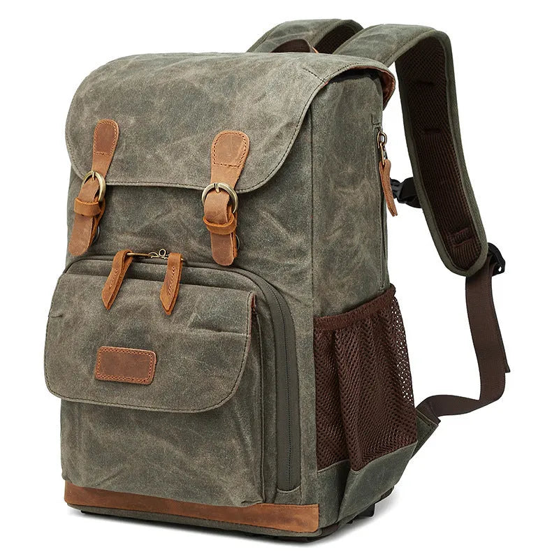 Canvas DSLR camera backpack in khaki colour showing backpack straps and main compartment