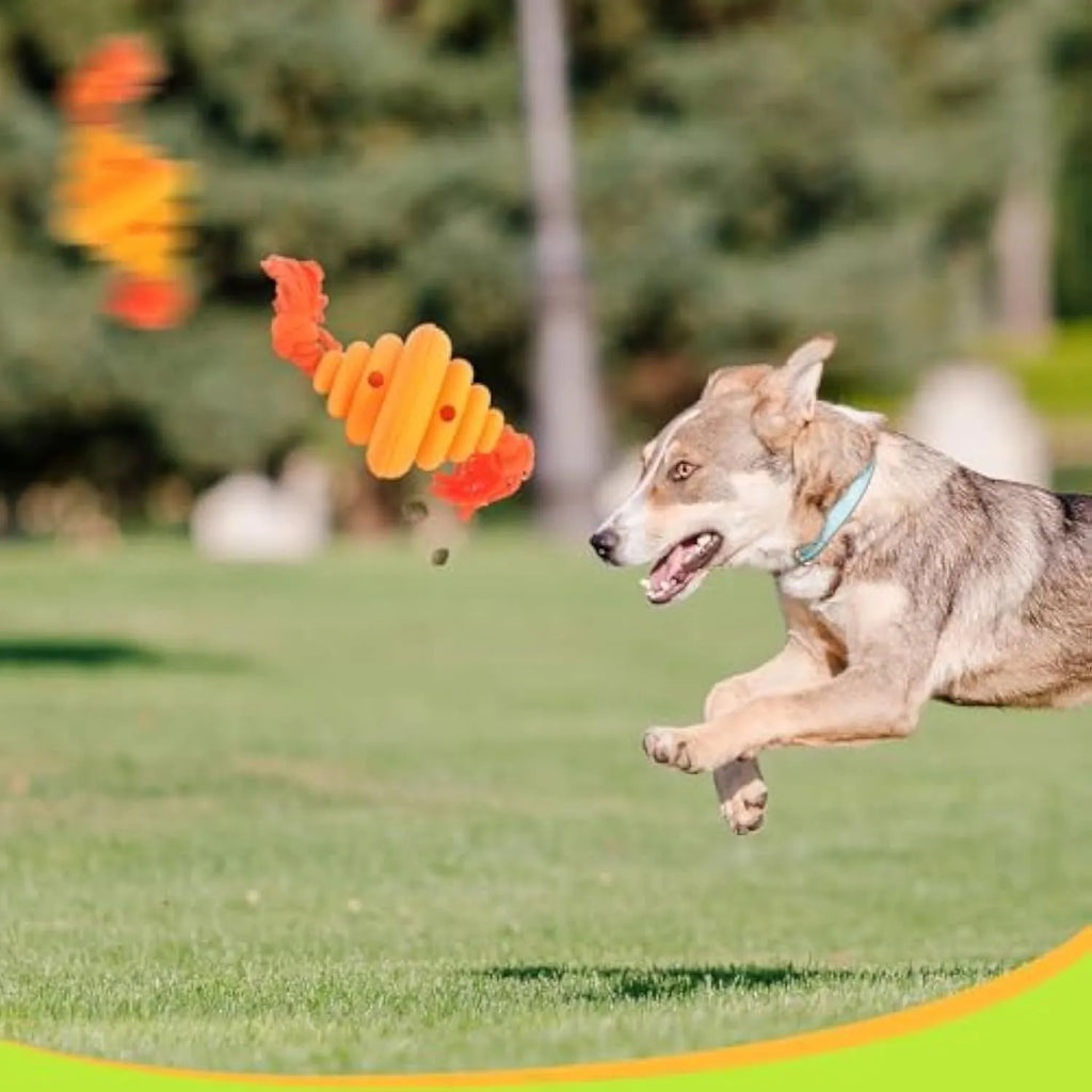 Green and yellow silicone dog ball with rope, showing split spiral design for treat dispensing