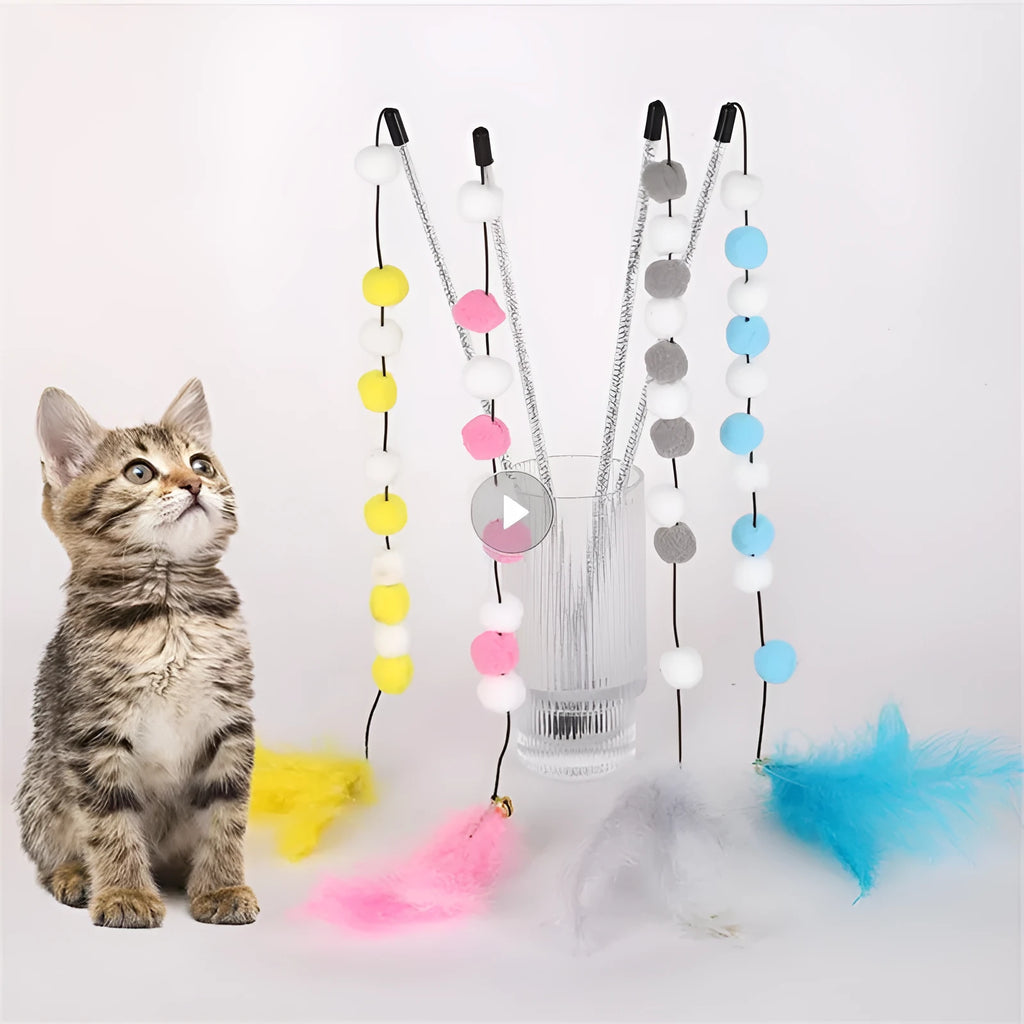 31cm long cat teaser interactive toy rod with bell and colourful polyester pompon feather attachment