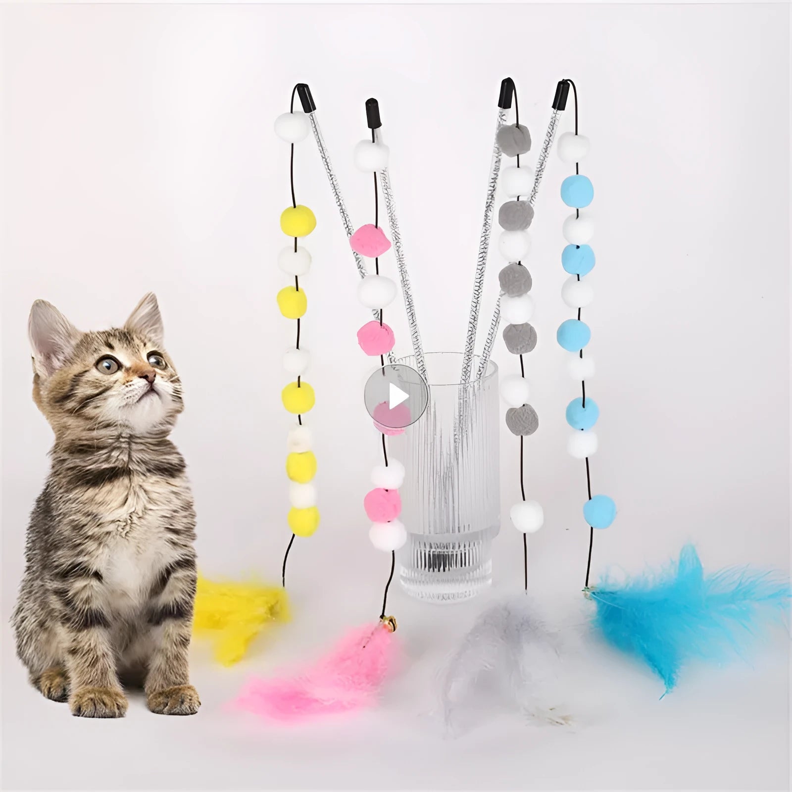 31cm long cat teaser interactive toy rod with bell and colourful polyester pompon feather attachment