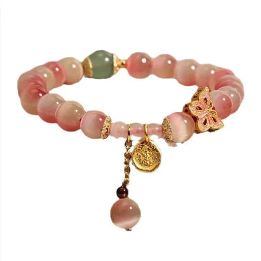 Pink opal butterfly women's bracelet with Chinese design elements