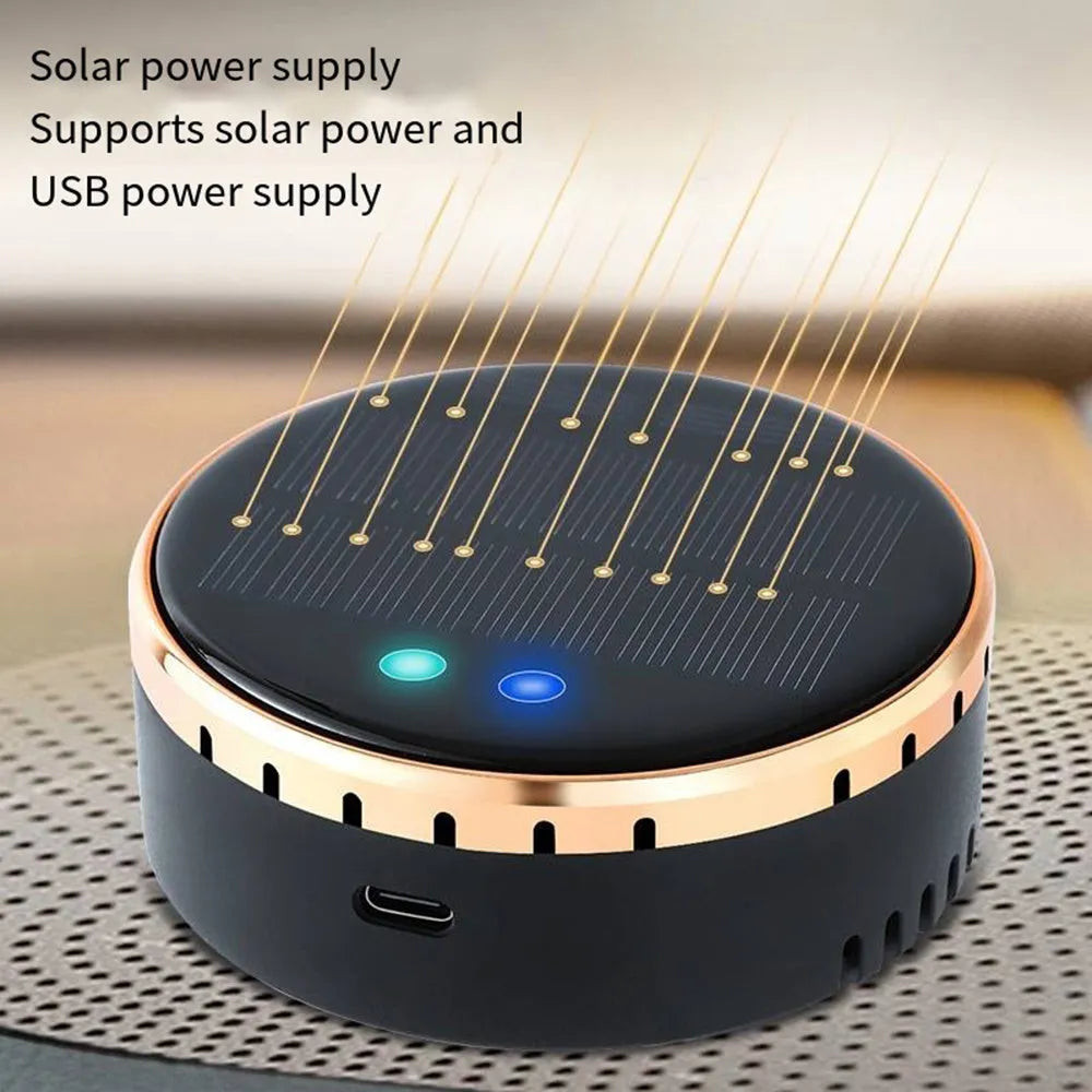 Solar-powered car mounted humidifier with ultrasonic atomiser installed on vehicle air conditioning vent