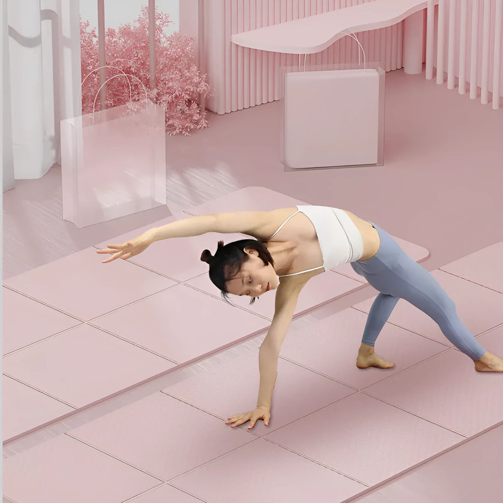 Blue folding TPE gymnastic mat unfolded showing 183cm length and 61cm width