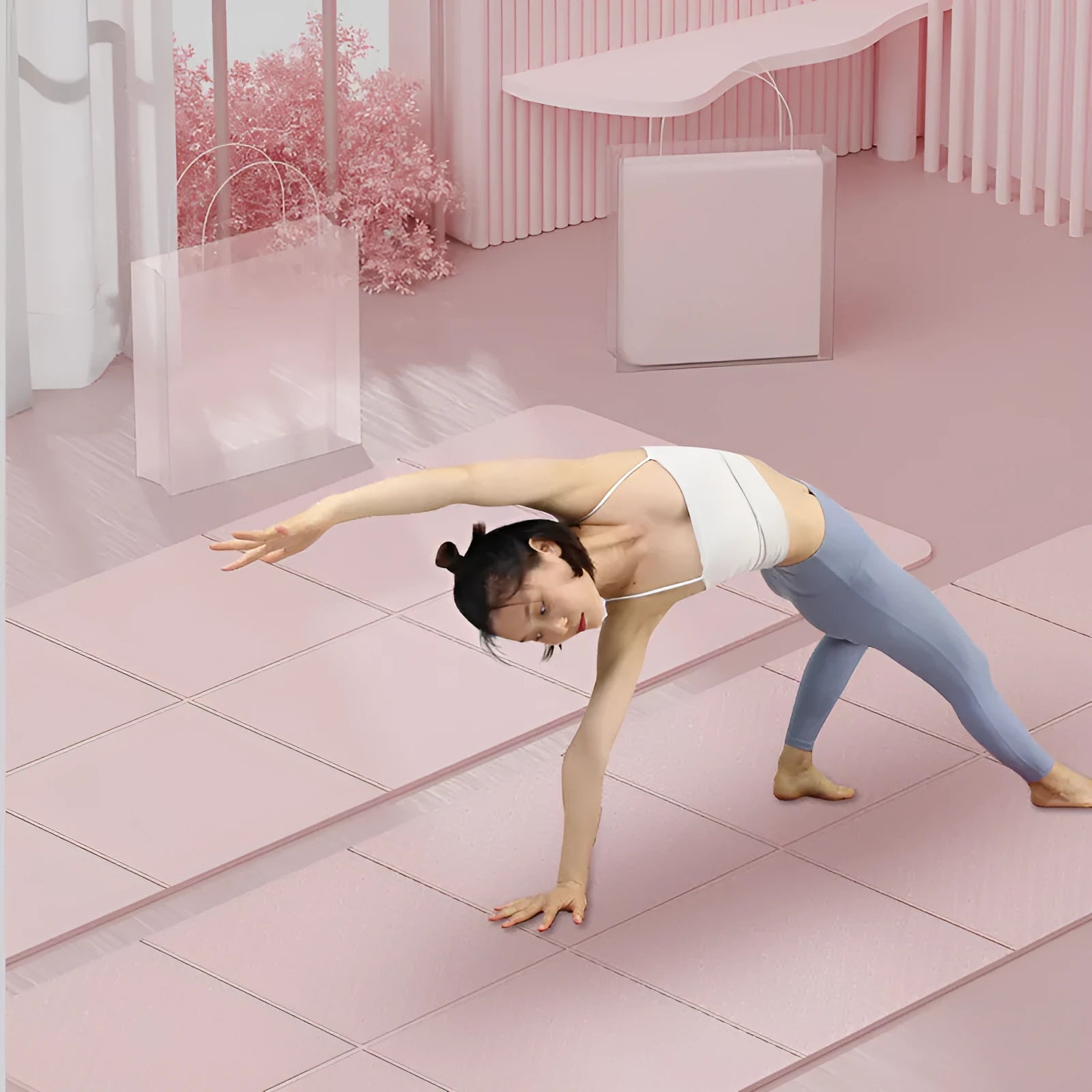 Blue folding TPE gymnastic mat unfolded showing 183cm length and 61cm width