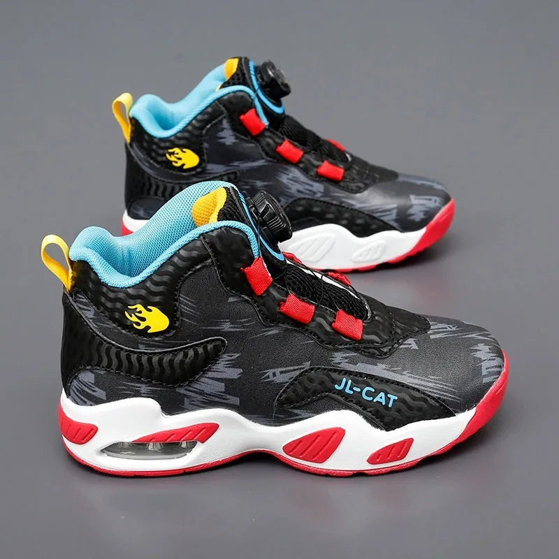 Children's rotating button basketball shoes in black synthetic leather with a cushioned PU sole.