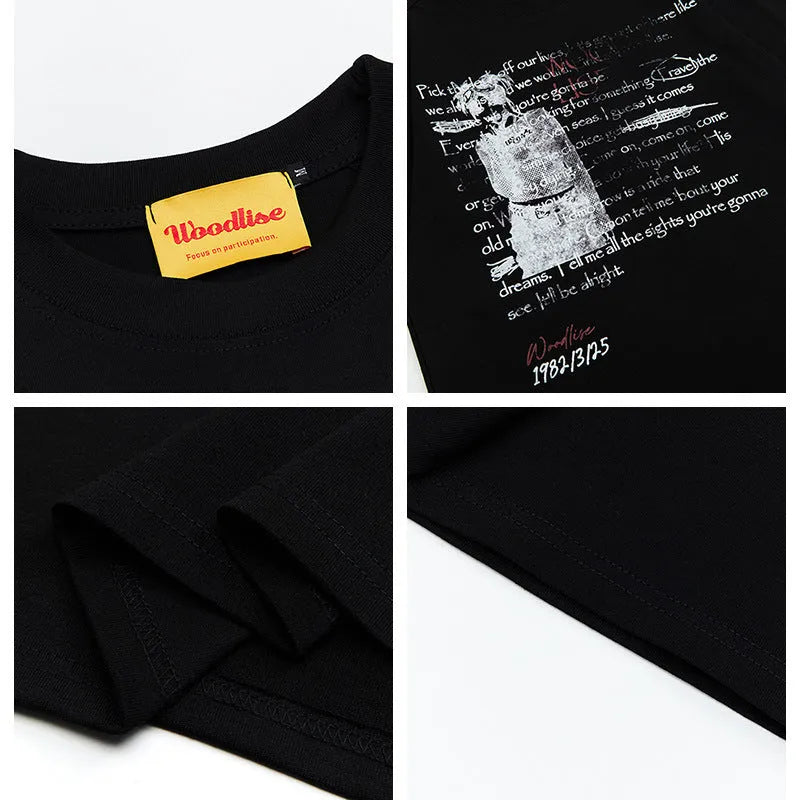Men's black loose fit pure cotton T-shirt with white retro letter print and short raglan sleeves.