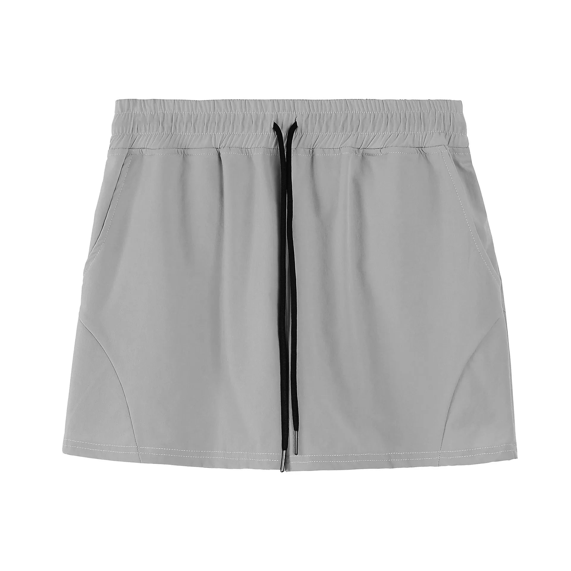 Men's grey thin polyester basketball shorts with an elastic waistband on a white background