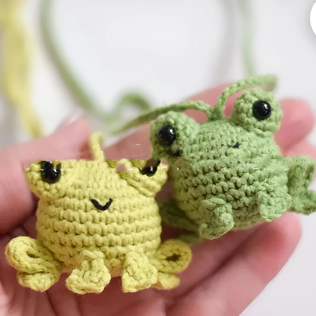 Handmade woven frog car pendant in green, orange, or grass green plush material