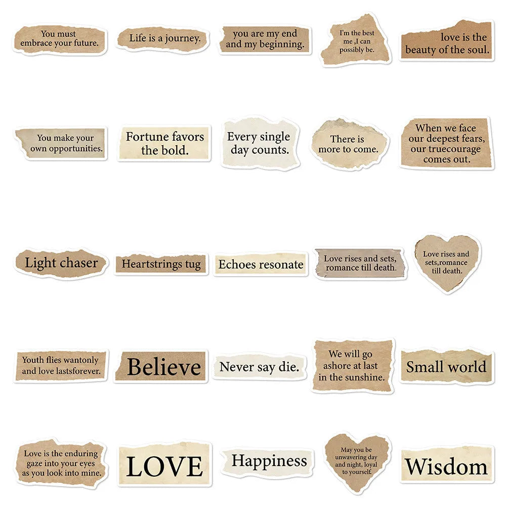 Pack of 25 tear English text design PVC stickers for laptops, sizes 4 to 7 cm