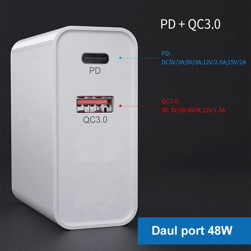 White multi-port fast charger with PD and QC support showing UK plug configuration