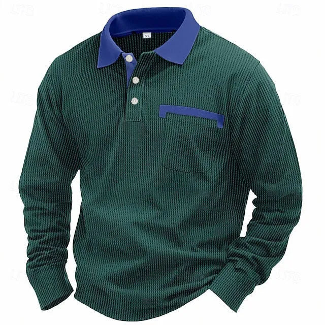 Man wearing a long-sleeved waffle-texture polo shirt in a solid colour with a loose, retro fit.