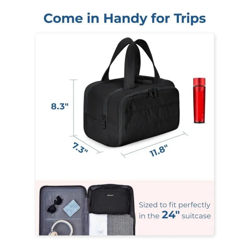 Large lightweight travel toiletry bag in polyester with wide-opening design measuring 29.97 x 18.54 x 21.08cm