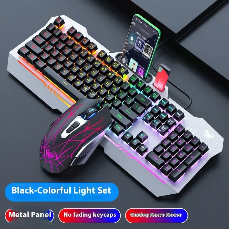 Black and white wired mechanical-feeling keyboard mouse headset bundles with RGB or blue backlighting