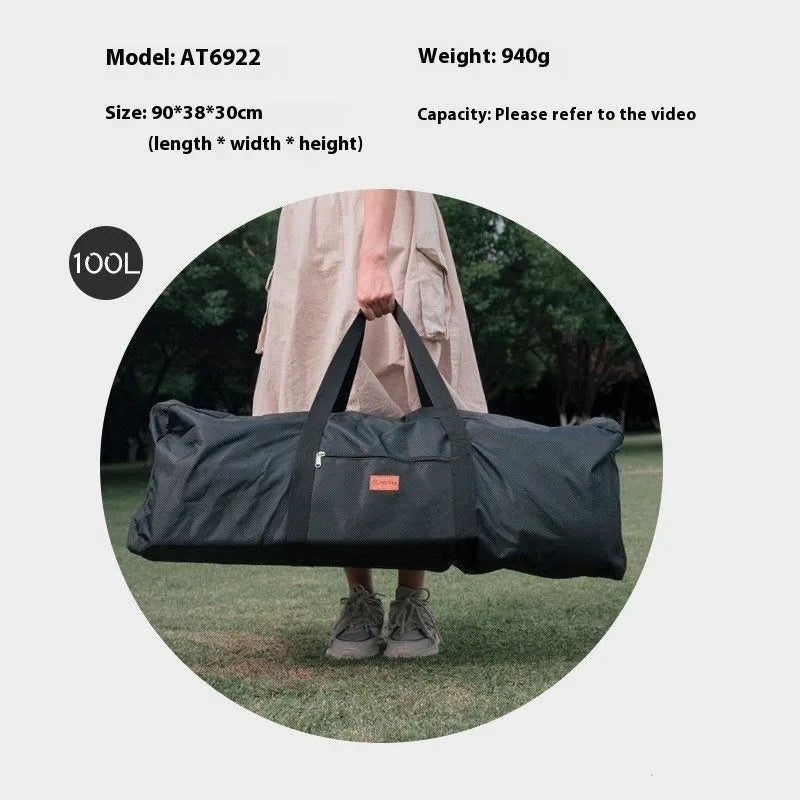 Large black waterproof storage bag for camping tables and chairs, shown folded and expanded, with 100L and 150L size options.