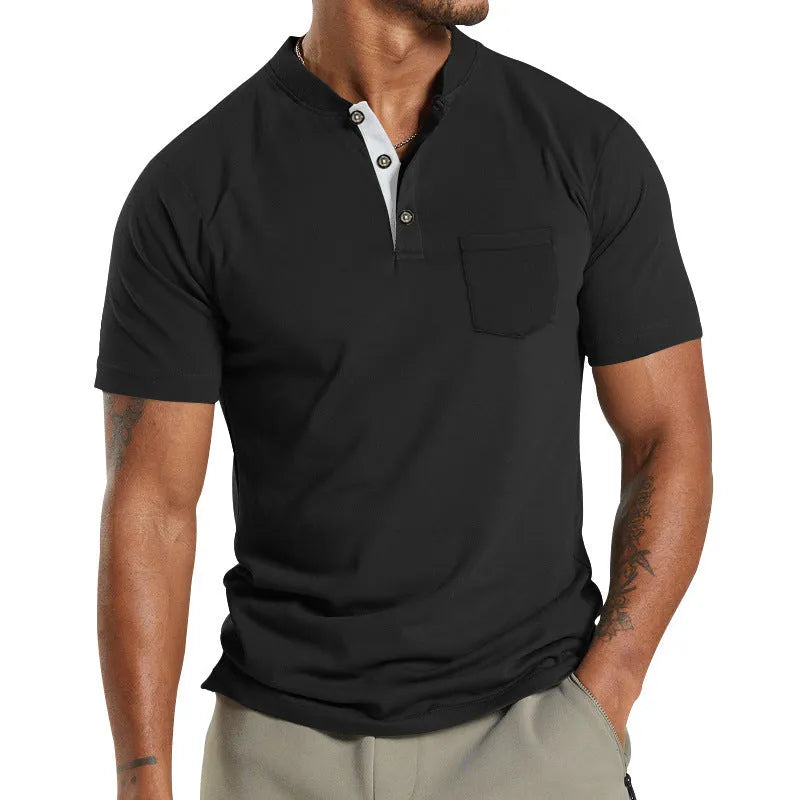 Plus size man wearing a solid colour short sleeve pullover shirt with a button chest pocket.