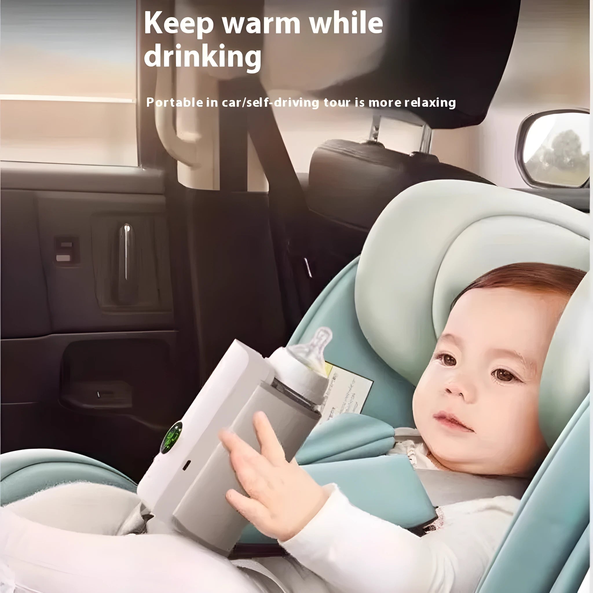 Grey and white car charger electric milk warmer with USB cable for portable baby bottle heating