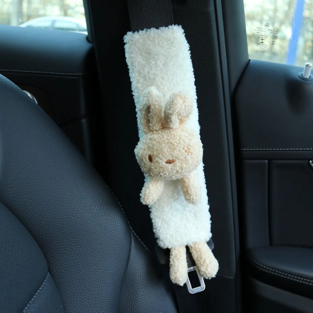 Cartoon plush car seatbelt shoulder protector in rabbit and bear designs made from lamb wool