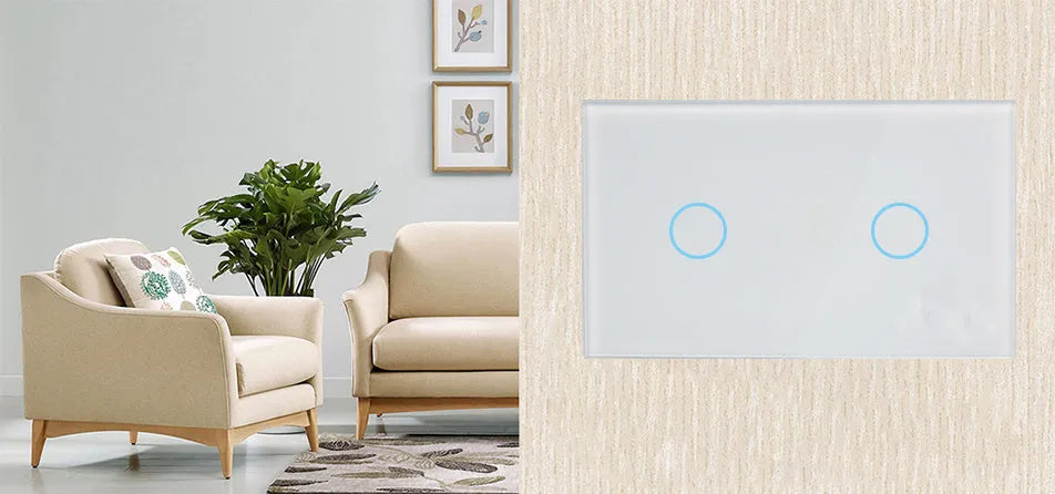 2-gang wireless RF remote touch light switch with tempered glass panel in black, white, or gold