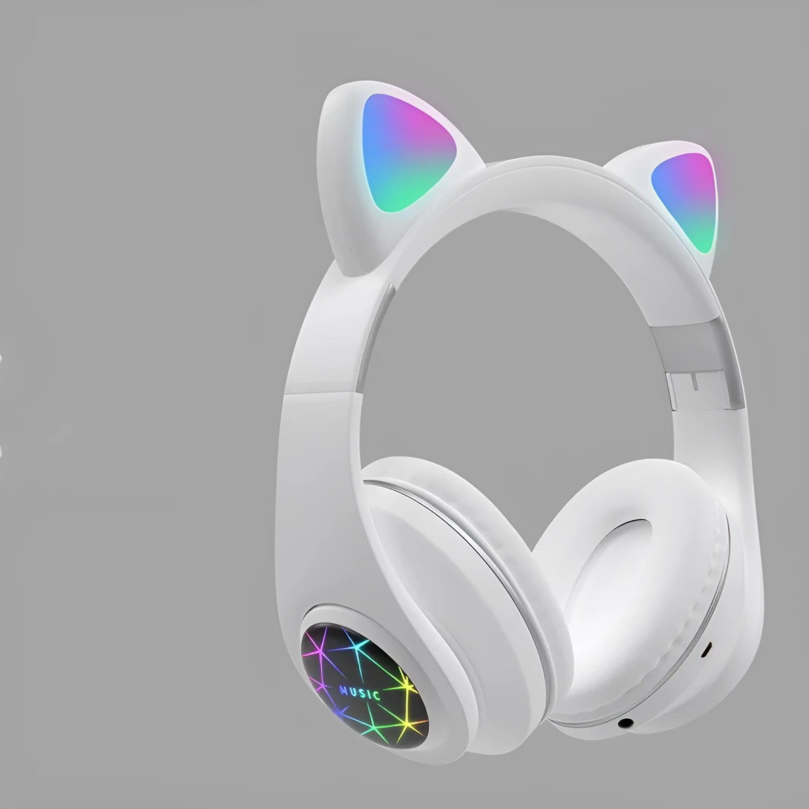 Cat ear style wireless Bluetooth sports headset shown in multiple colours on a person's head