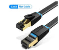 Shielded CAT8 network cable with RJ45 connectors, shown in flat and round styles, available in multiple lengths.
