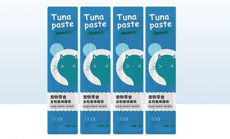 Packet of 10 multi-flavour cat strip snacks for kittens.