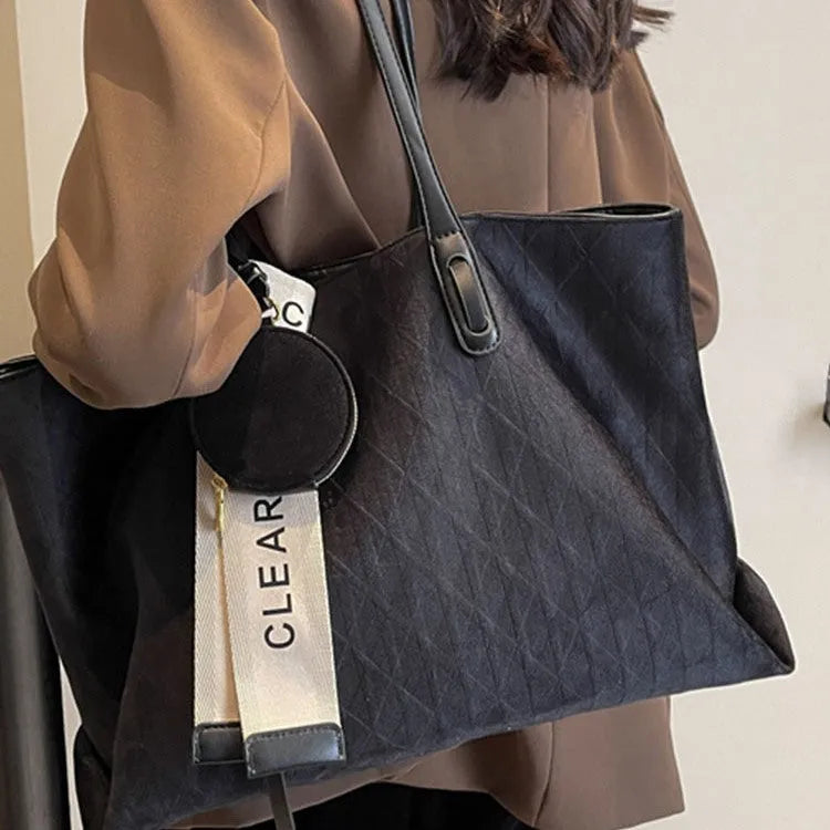 Large soft polyester shoulder tote bag in horizontal square shape with zippered interior pocket
