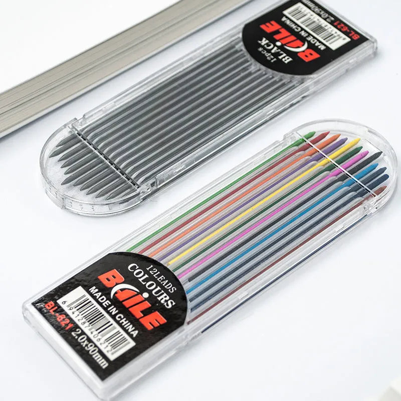 Colourful automatic lead refills in black and multicolor 2.0mm x 90mm pack for student drawing and writing