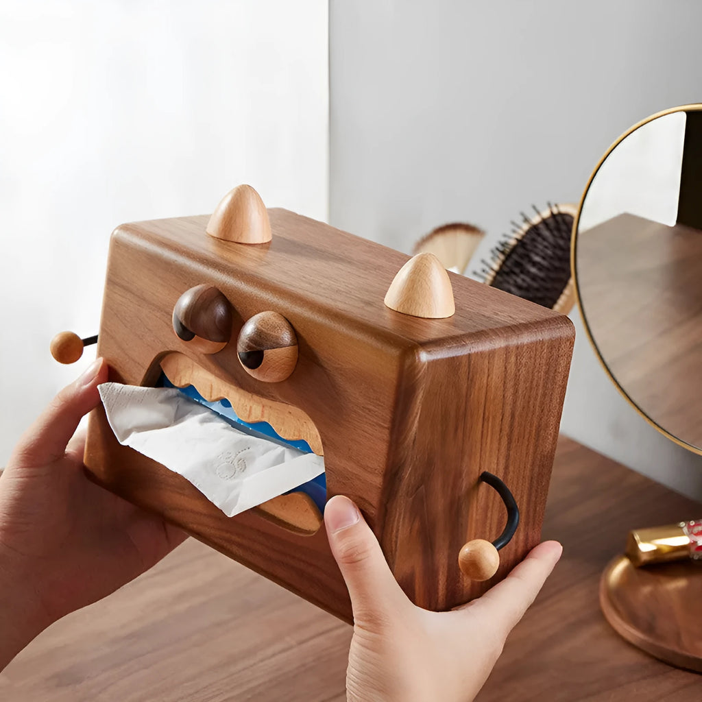 Little Monster cartoon design wooden tissue box with walnut beech finish