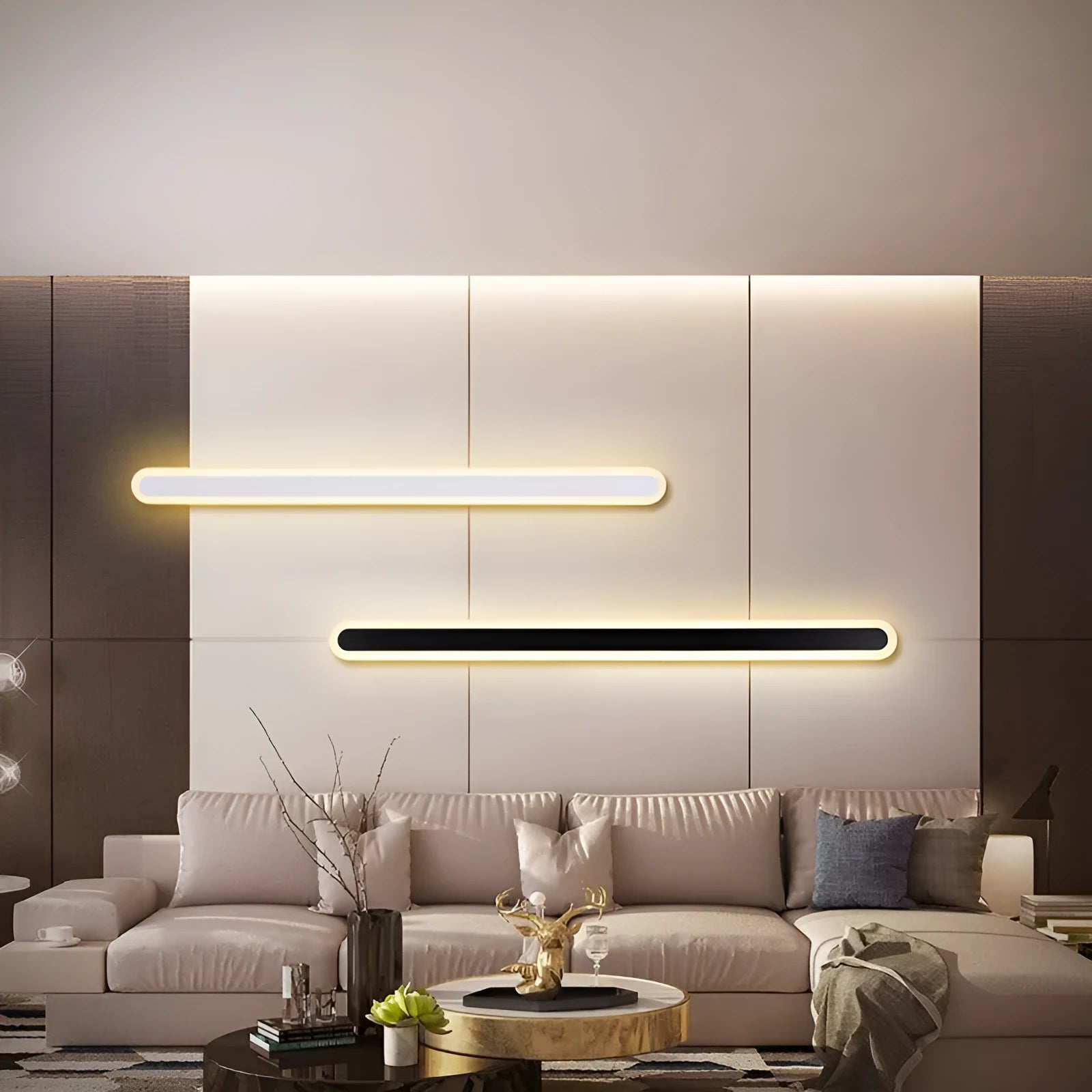 LED line wall lamp with wrought iron frame and acrylic diffuser in black warm light finish