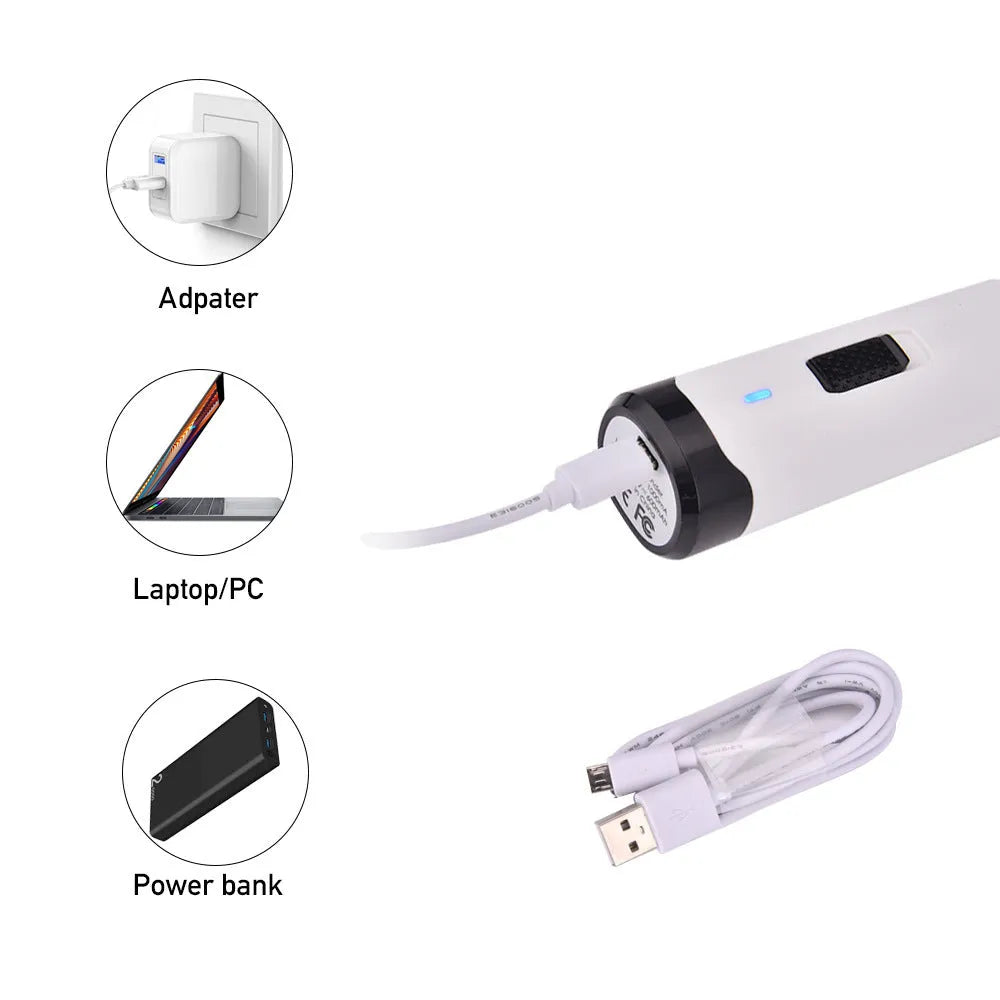 Blue plastic pet nail polisher with USB cable, dual speed 7000/8000 rpm for cats and dogs, compact size 17 cm box