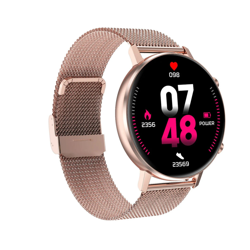 DT96 smart bracelet with touchscreen display and stainless steel wrist strap in silver colour