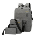 Three men's nylon computer bags in wine red, black, gray, and navy blue, showing USB port and internal pockets.