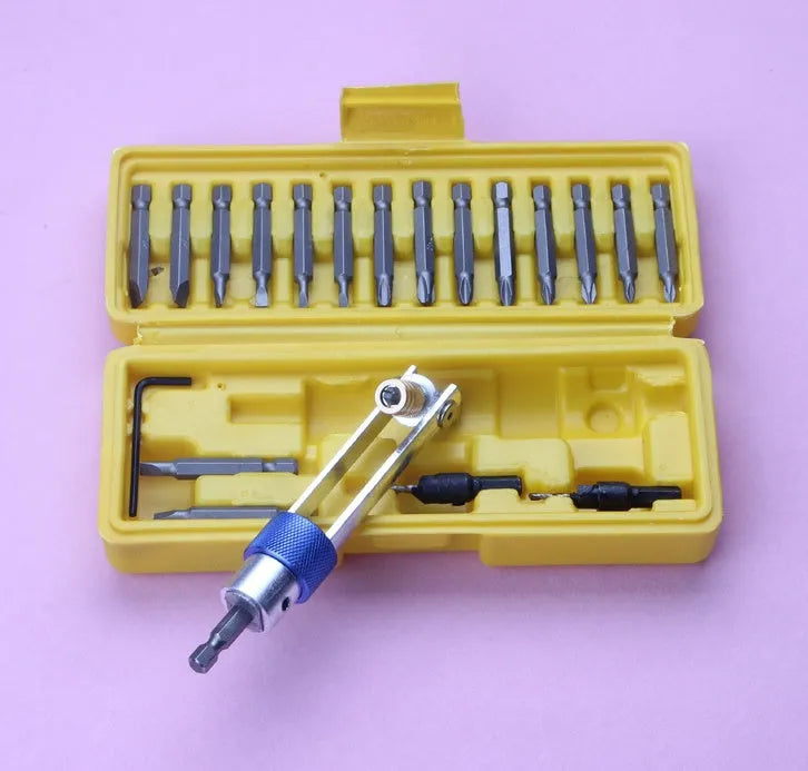 Half Time Drill swivel head attachment with a set of Phillips, flathead, and countersink bits for power drills.