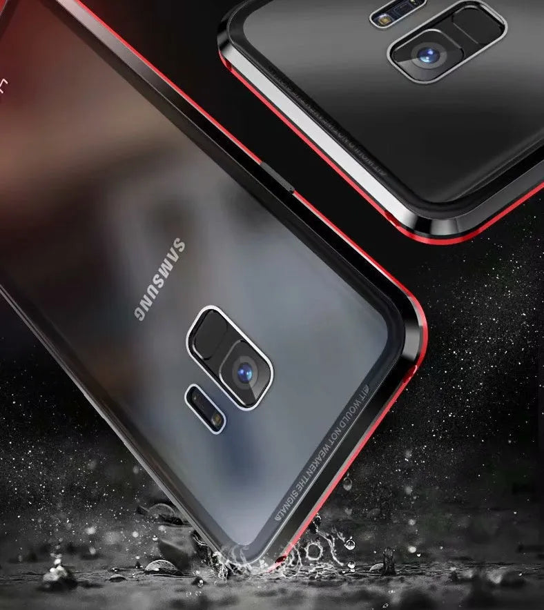 Samsung anti-peeping magnetic phone case in clamshell design with privacy screen and double-sided glass protection