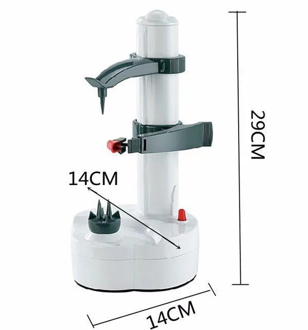 Multifunction electric peeler with stainless steel blades, white body, and non-slip base on a kitchen worktop