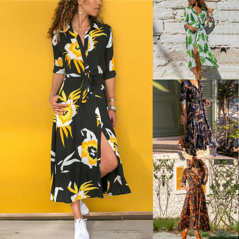 Women's printed chiffon V-neck dress with A-line skirt in black blue colour.