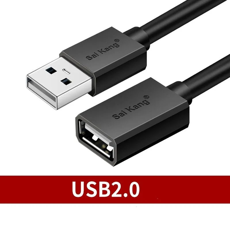 Black USB male to female extension cable showing connectors and available length options up to 5 metres