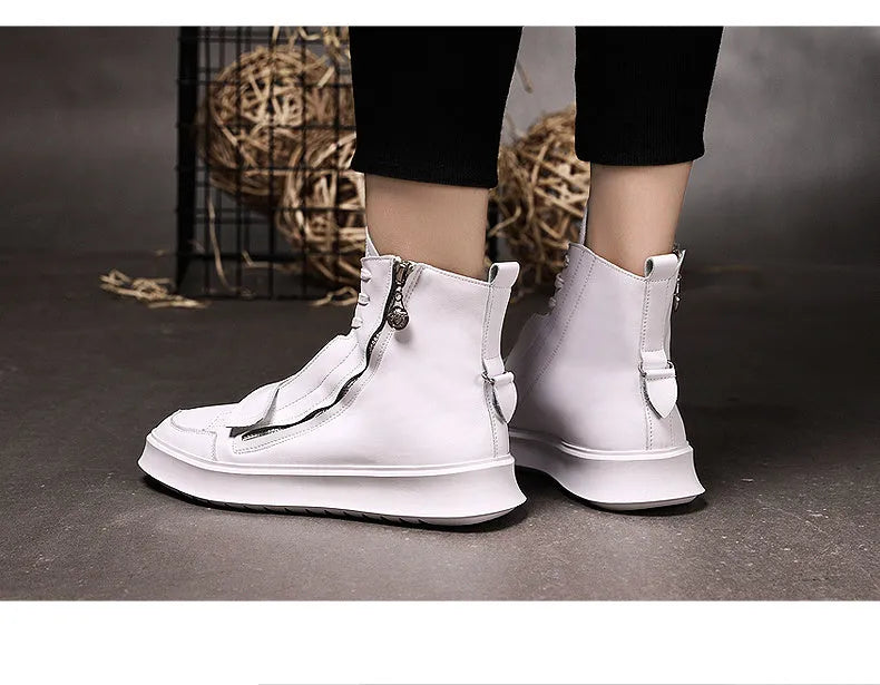 Black and white PU leather men's ankle boots with microfiber upper and high-top sneaker design for winter wear
