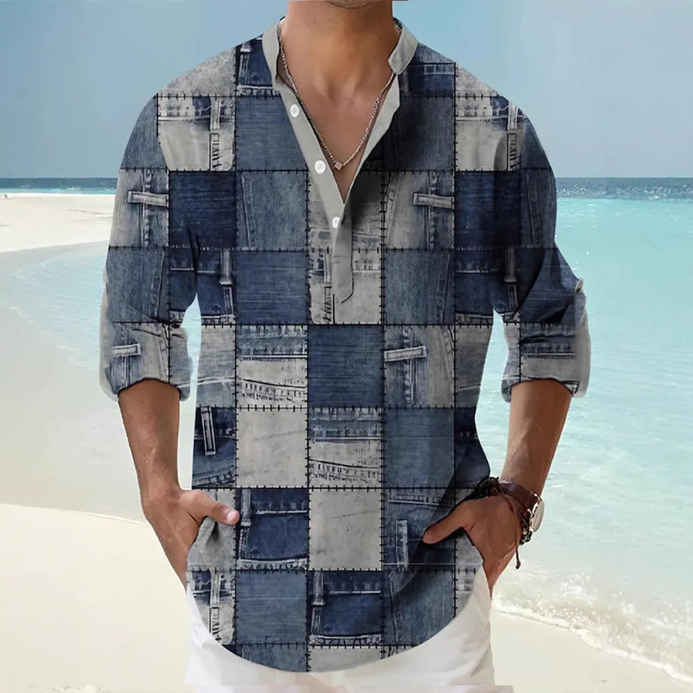 Men's thin Hawaiian long sleeve shirt in digital bamboo linen stripe pattern