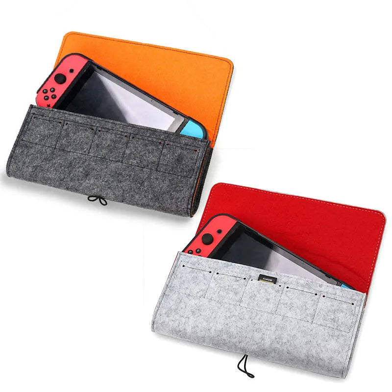 Black felt Nintendo Switch pouch case open to show console compartment and game card slots