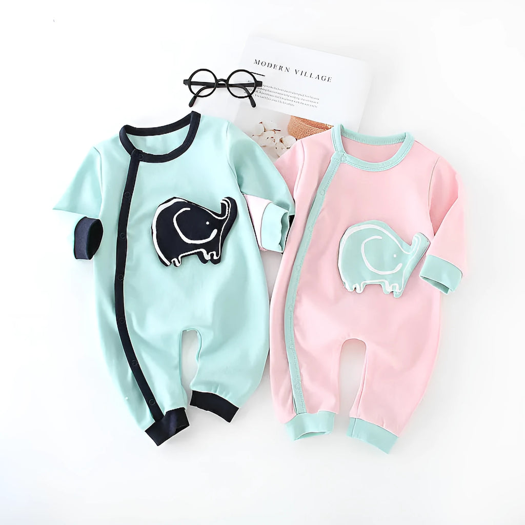 Baby cotton long sleeve romper with diagonal button closure in blue house print