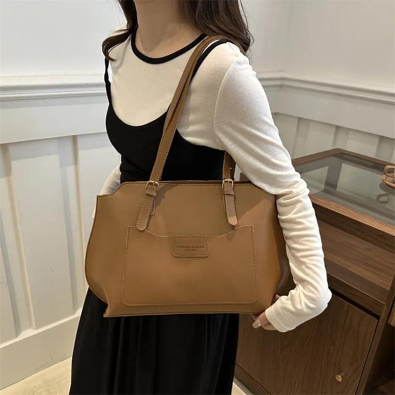 Women's PU tote bag in urban simplicity style, available in black, brown, khaki, white, with sandwich pocket and double straps