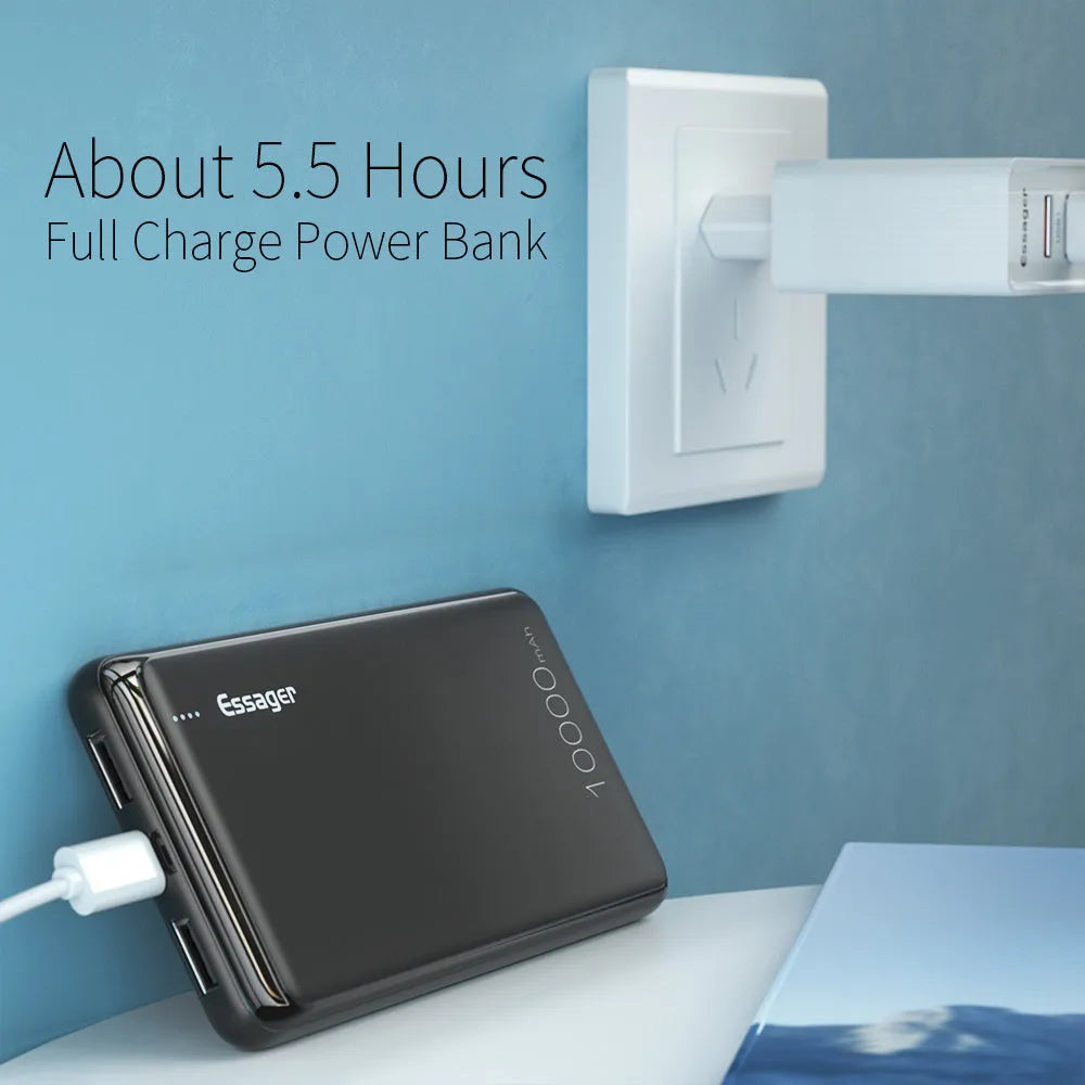 Essager Small Jane black and white 10000mAh portable power bank showing dual USB ports and LED indicators.