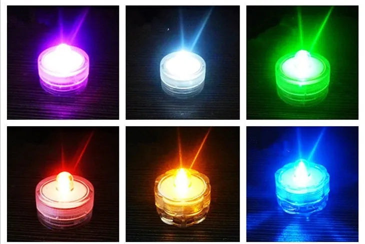 Set of colourful electronic candle lights with CR2032 battery, submersible, 3cm diameter, 2.6cm height, plastic housing