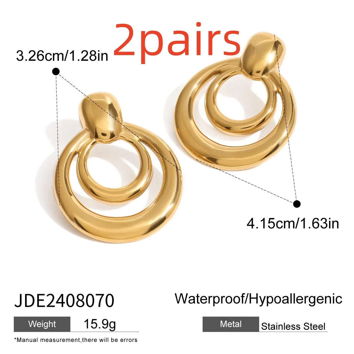 A pair of round gold-coloured geometric stud earrings with a double-layer hollow design.