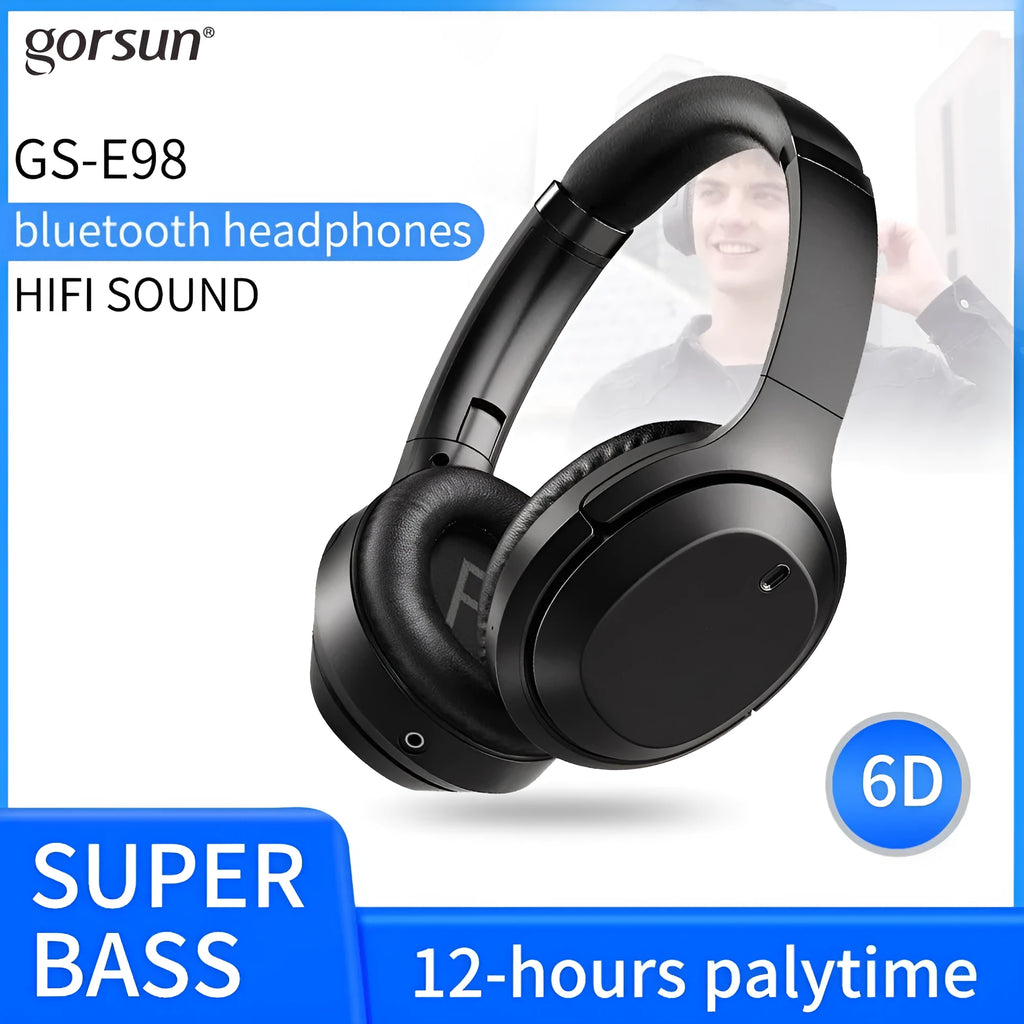 Black gorsun E98 over-ear wireless Bluetooth headphones with adjustable headband and memory-protein ear cushions.
