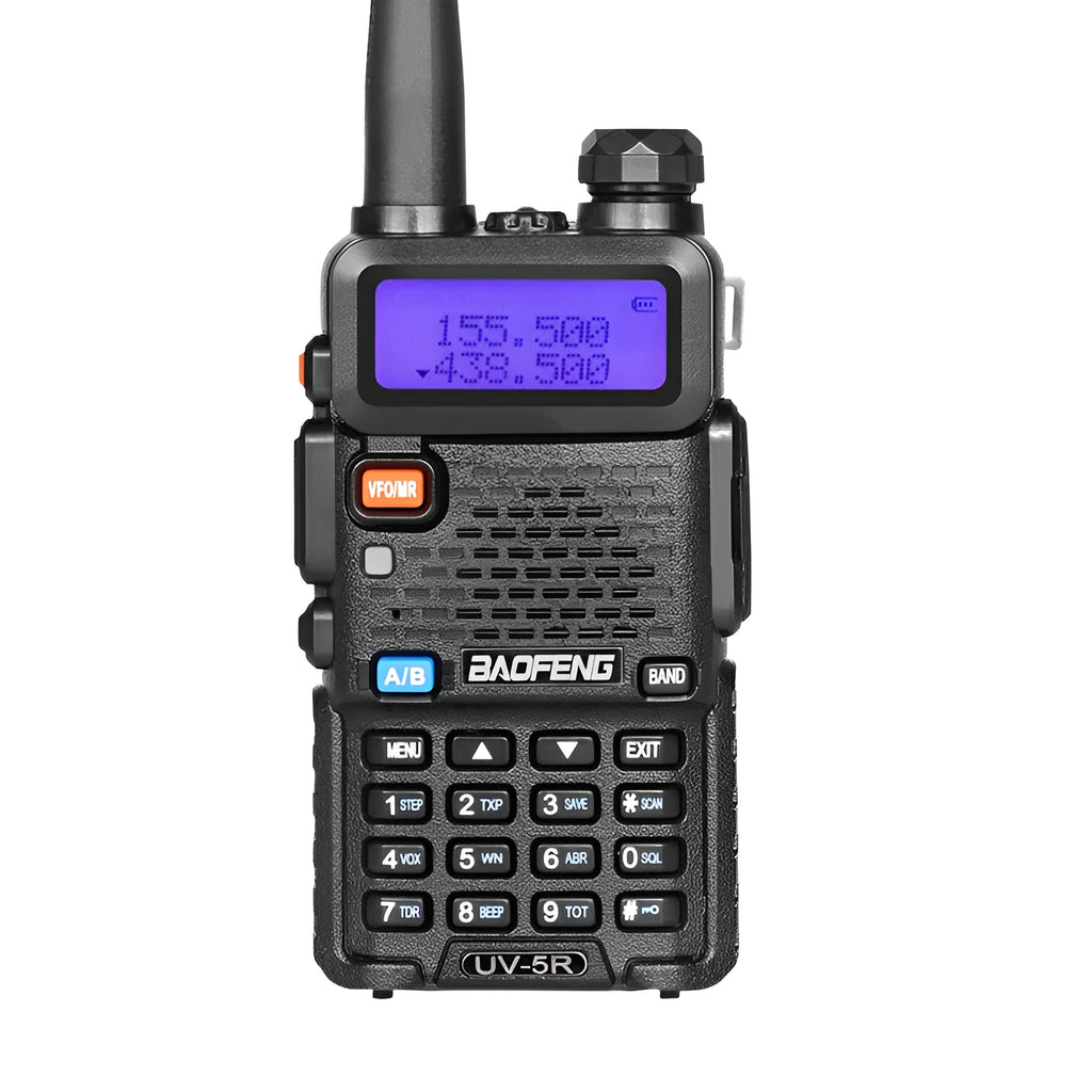 Handheld VHF UHF walkie talkie radio showing compact dimensions and antenna