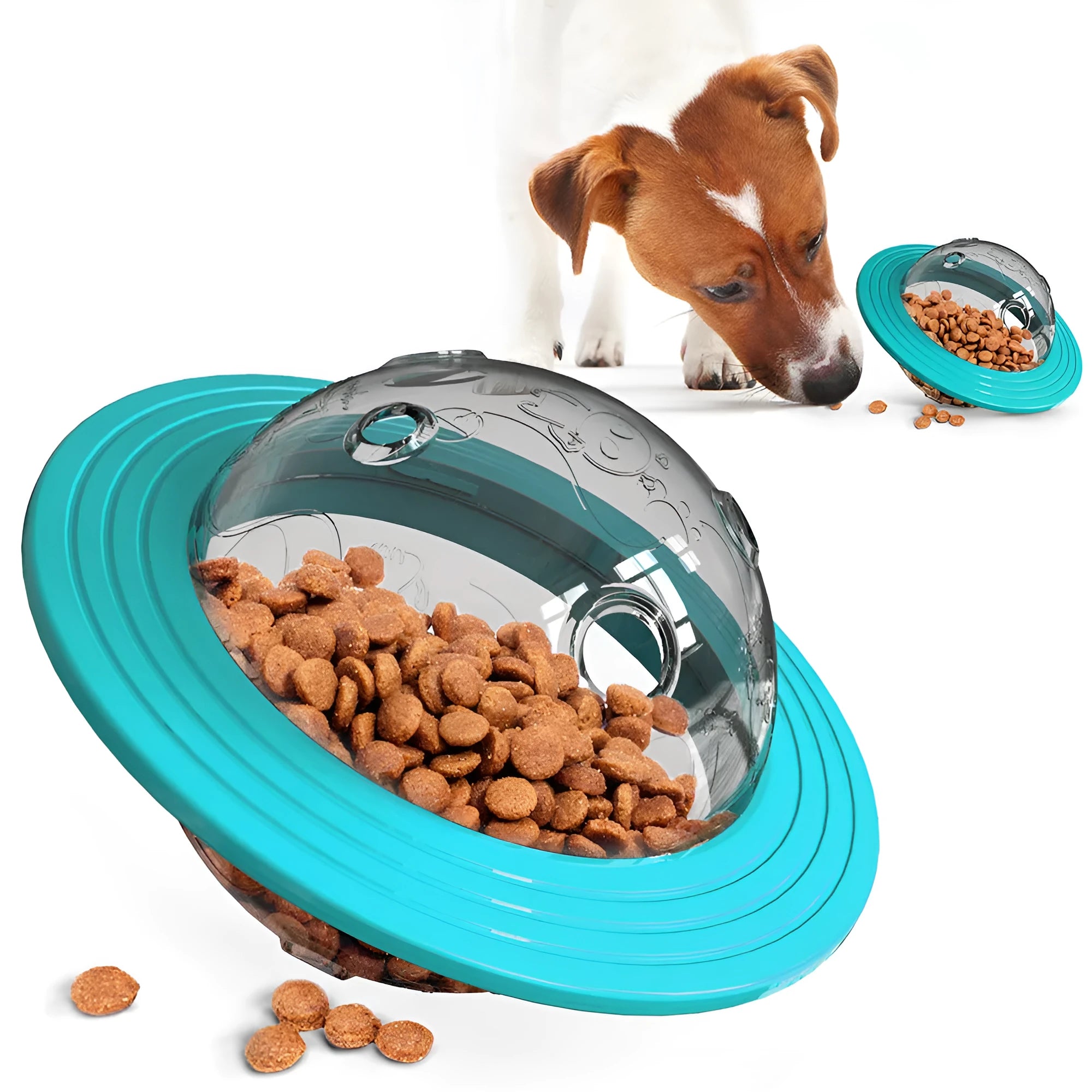 Plastic missing food educational toy with leak-feeding hole for dogs and cats, Lake Blue and Yellow colours